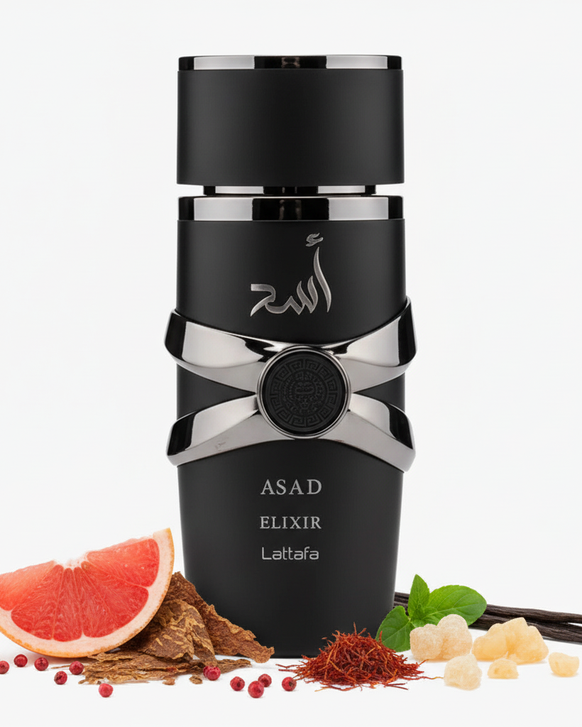 Asad Elixir black perfume bottle with citrus spicy woody notes