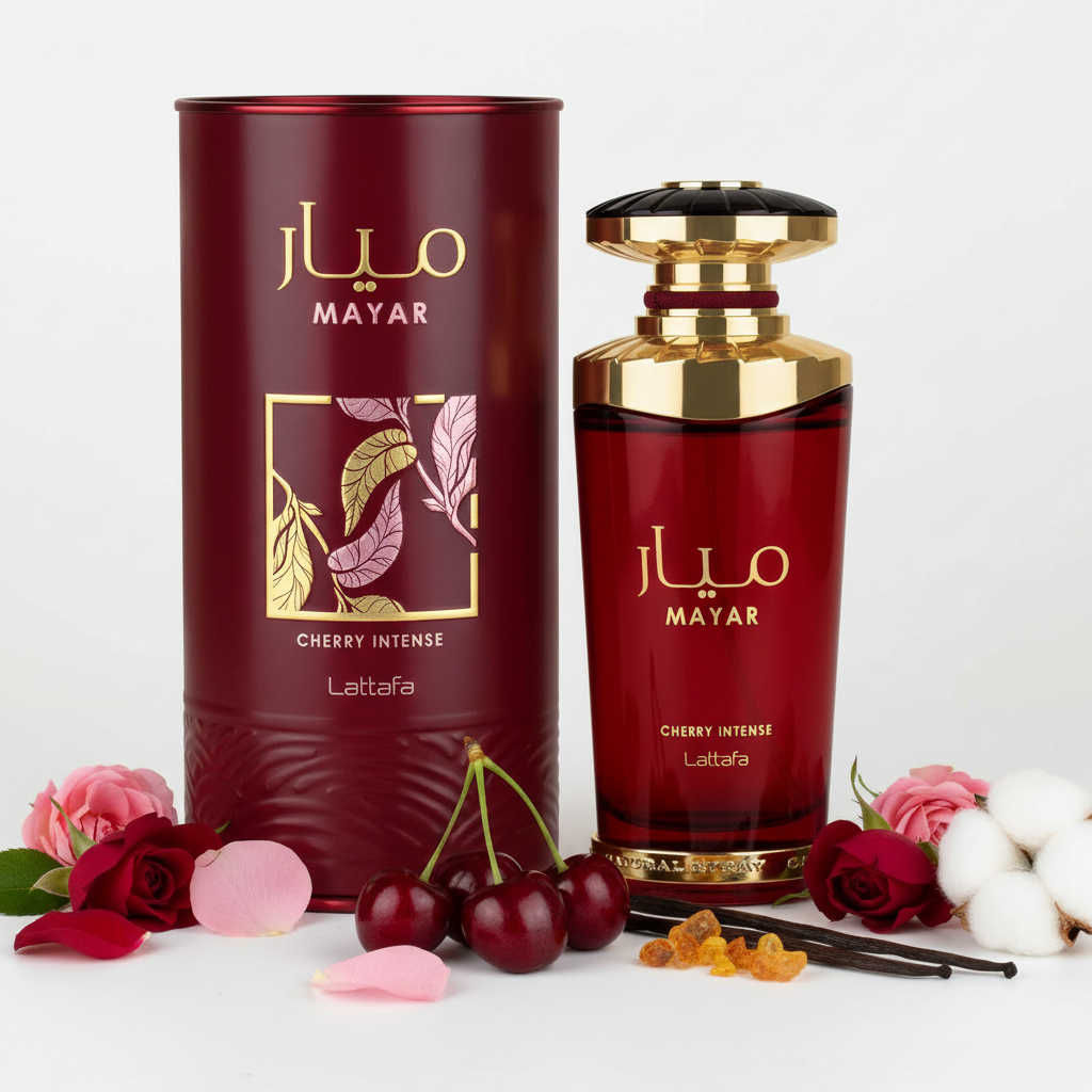 Mayar Cherry Intense Lattafa cu cutie și ingrediente