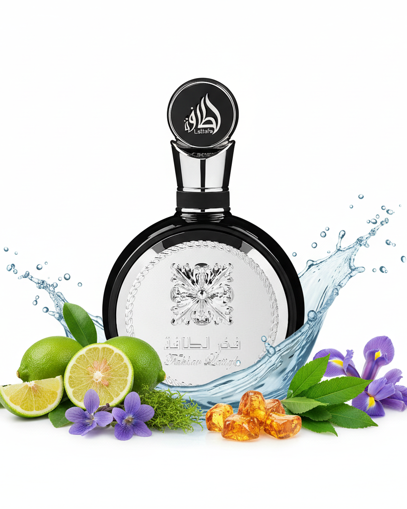 Perfume con notas de bergamota, acordes marinos, violeta, ámbar, musgo de roble, pachulí e iris