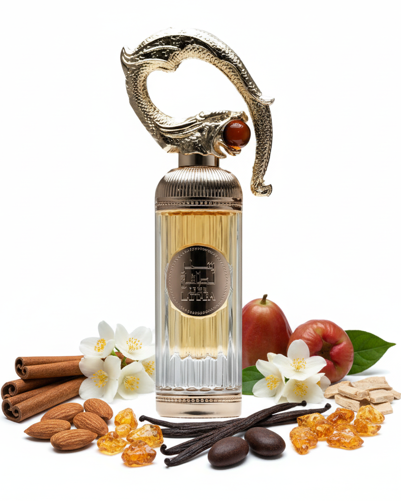 Perfume con notas de canela, almendra amarga, jazmín, pomarosa, madera de akigala, vainilla absoluta, ámbar y haba tonka