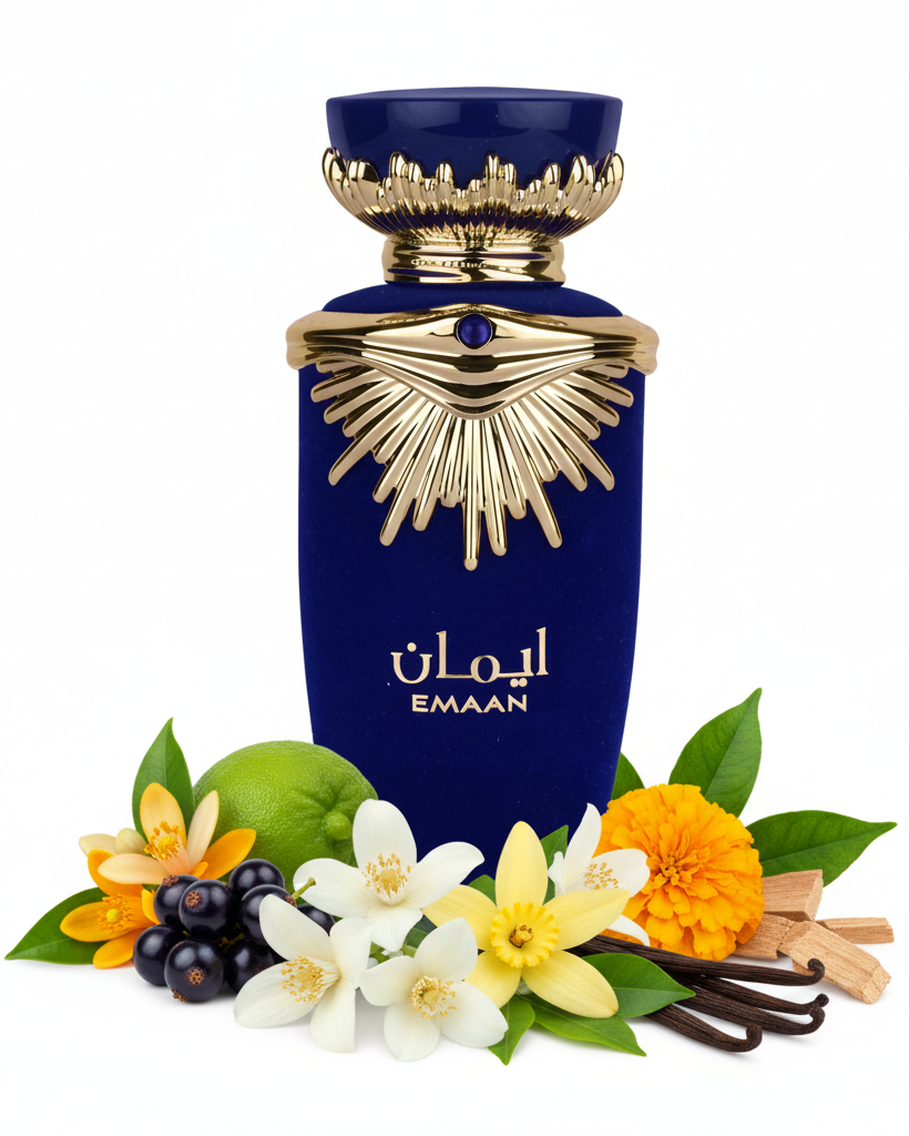 Perfume con notas de flor de azahar del naranjo, bergamota, grosellas negras, nardos, jazmín, caléndula, vainilla, almizcle, pachulí y cedro